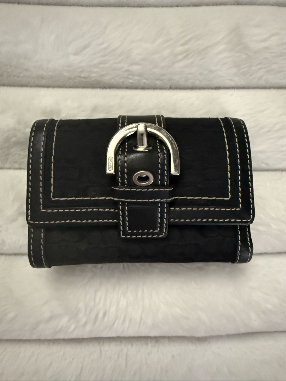 Coach Black Leather Wallet with White Contrast Stitching and Silver Buckle
